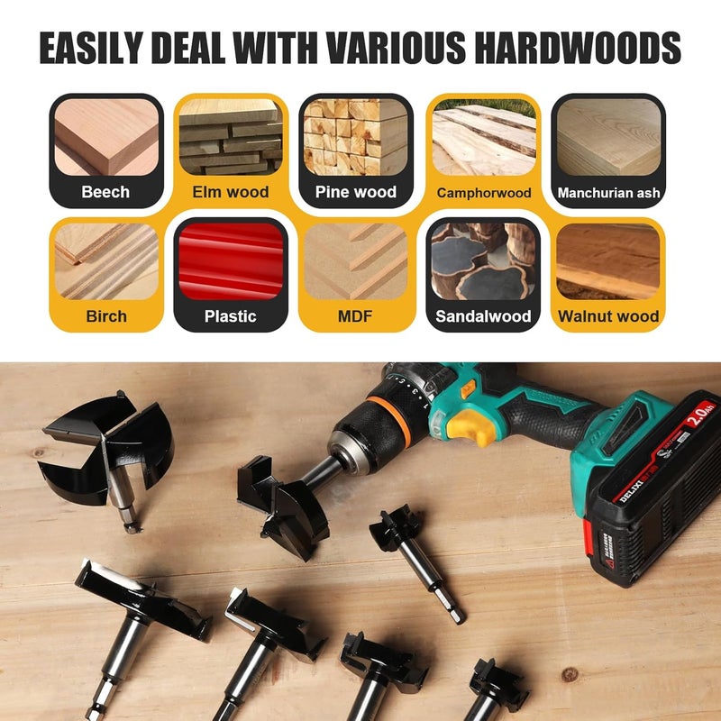 WOBLLMX 2-3/8" Forstner Drill Bit with 3/8" Quick Change Hex Shank,Triple Flute Tungsten Carbide Tipped - for Hard Wood,Soft Wood Woodworking Hinge Cutter Tool Kits for Veneered Plywood Plastic - Image 5